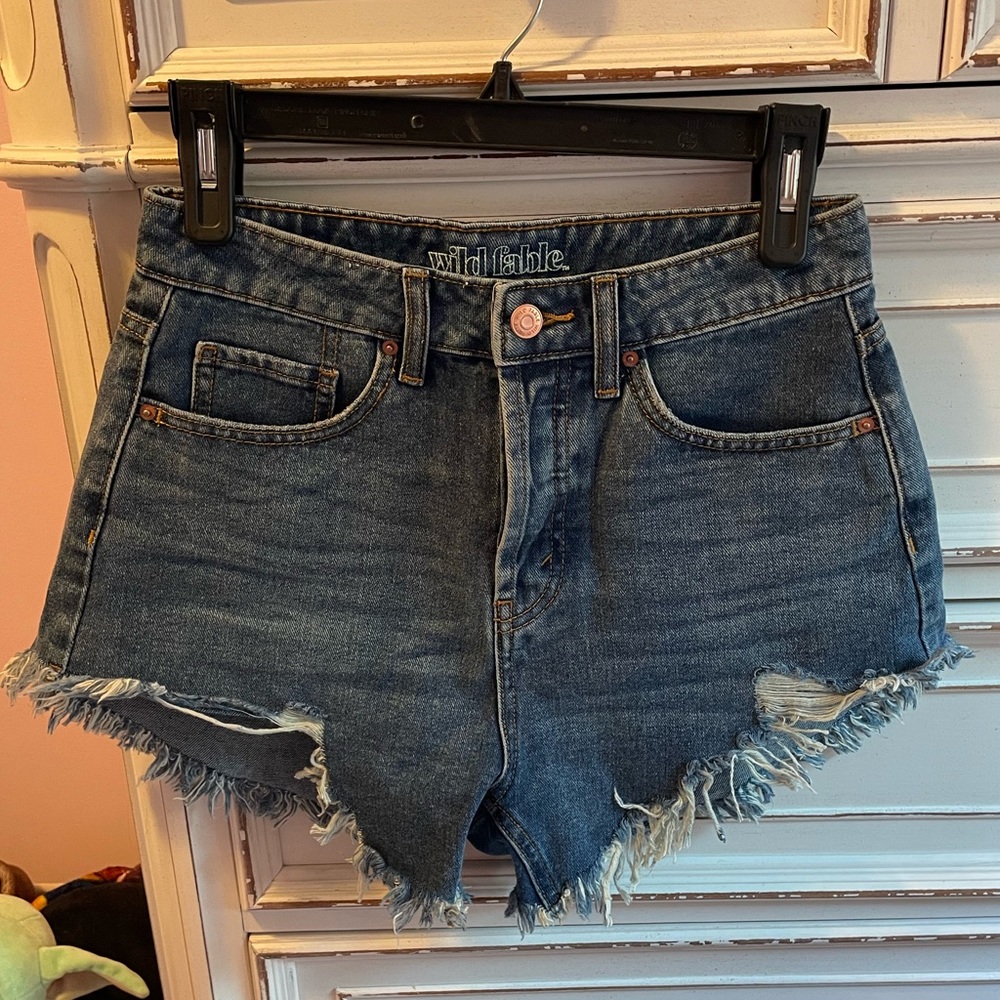 Dark Denim Shorts, Distressed and High Waisted